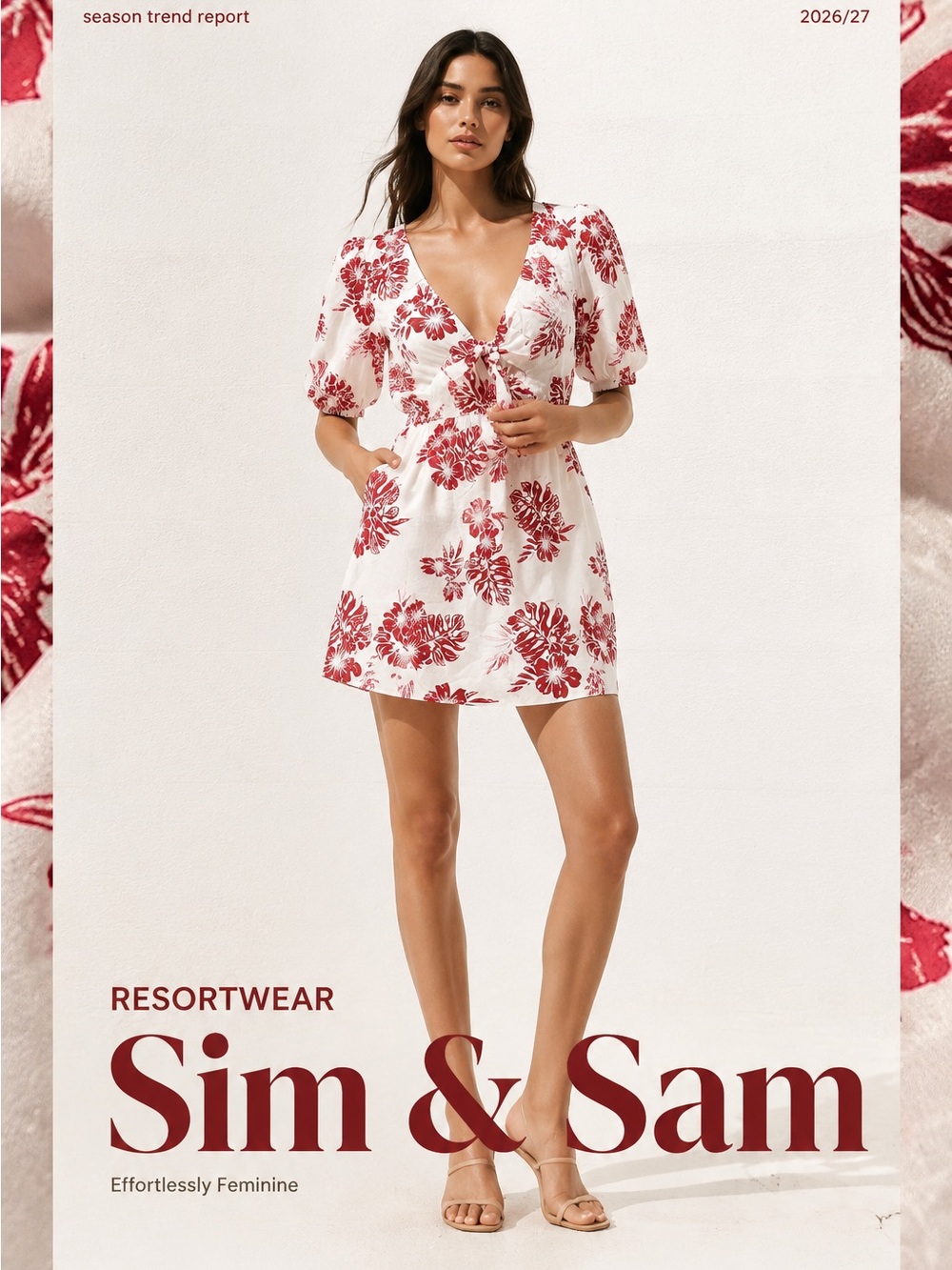 Sim & Sam Women’s XS Red White Tropical Dress Balloon Sleeve Lined Swim Cover Up